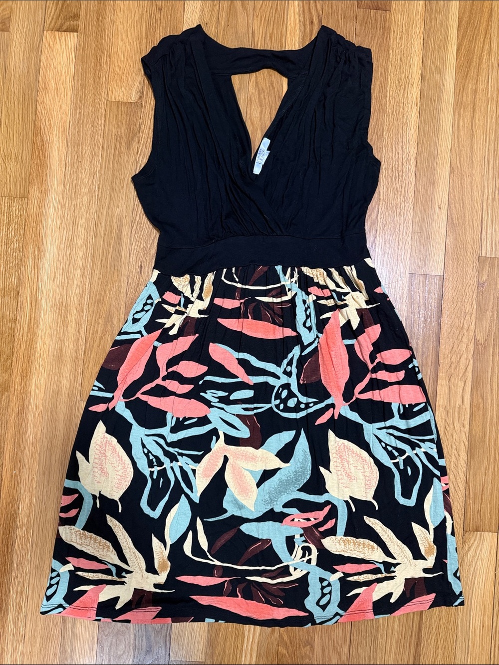 VENUS Black Midi Dress with Coral, Mint & Cream Leaf Print